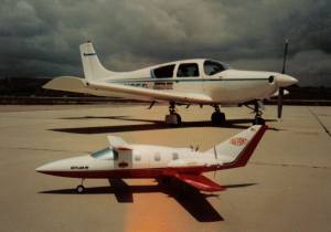 RC (radio-controlled) model of the Avtek 400 in front of the Windecker Eagle